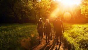 A group of friends hiking in the forest.