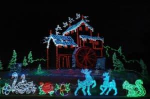 A holiday light display depicting The Old Mill in the Smoky Mountains.