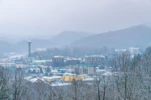 The Smoky Mountain city of Gatlinburg covered in snow.