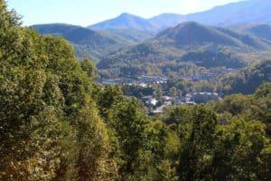 The city of Gatlinburg surrounded by the mountains.