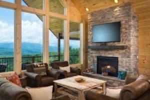living room inside cabin in the Smoky Mountains