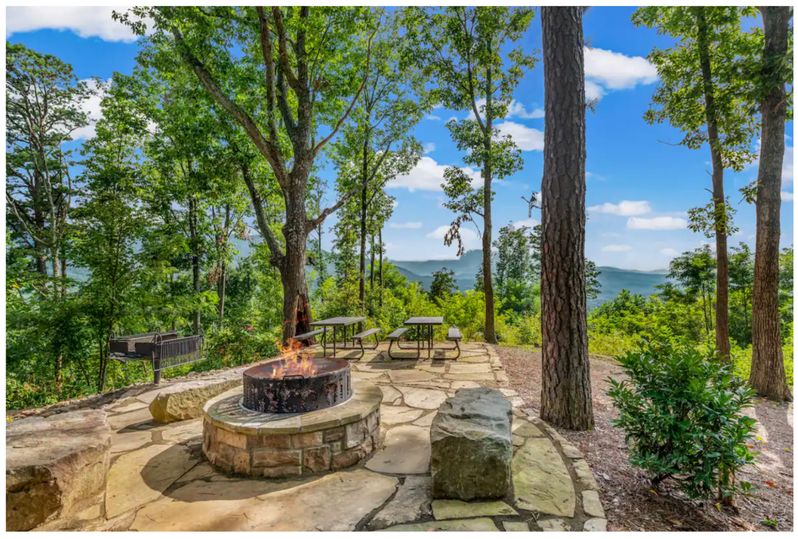 authentic photos are key to guest reviews in cabin rentals like this outdoor fireplace shot
